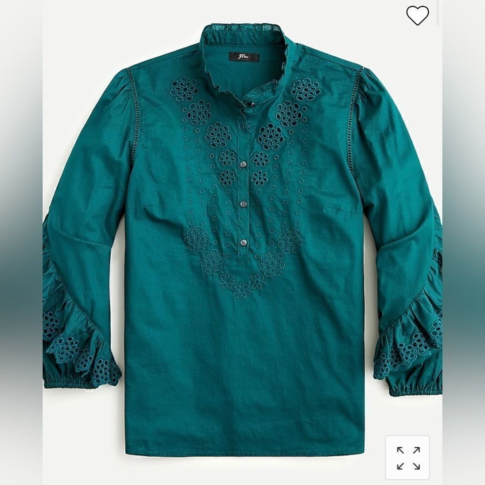 J. Crew Women’s Emerald Green Eyelet 1/2 Button Exaggerated Ruffle Sleeve Blouse